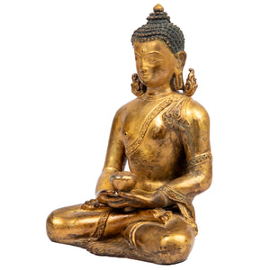 Amitabha, the Buddha of Infinite Light. Bronze statue in antique medieval style. This statue was part of the exhibition in the Patan Museum: "The Revival of Newari Woodcarving, 2024".