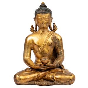 Amitabha, the Buddha of Infinite Light. Bronze statue in antique medieval style. This statue was part of the exhibition in the Patan Museum: "The Revival of Newari Woodcarving, 2024".