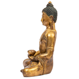 Amitabha, the Buddha of Infinite Light. Bronze statue in antique medieval style. This statue was part of the exhibition in the Patan Museum: "The Revival of Newari Woodcarving, 2024".