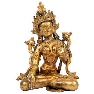 Bronze statue from Nepal in antique medieval style. Tara is one of the most important figures in Buddhism. She is a representation of the female aspect of Avalokiteshvara, the Buddha of Compassion. This statue was part of the exhibition in the Patan Museum: "The Revival of Newari Woodcarving, 2024".