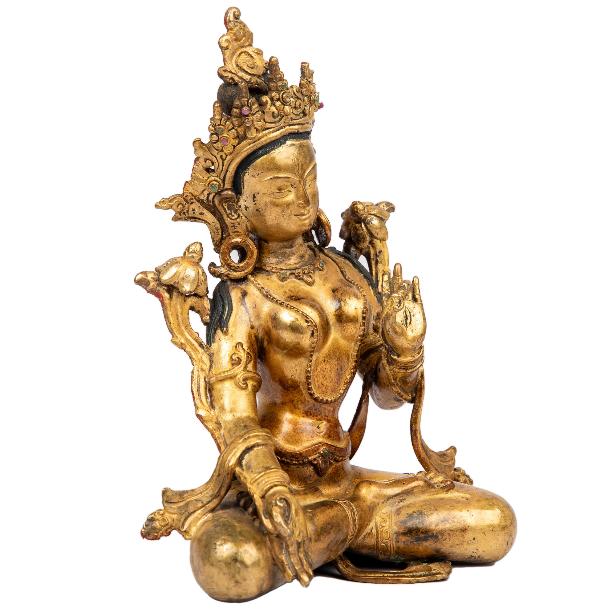 Bronze statue from Nepal in antique medieval style. Tara is one of the most important figures in Buddhism. She is a representation of the female aspect of Avalokiteshvara, the Buddha of Compassion. This statue was part of the exhibition in the Patan Museum: "The Revival of Newari Woodcarving, 2024".