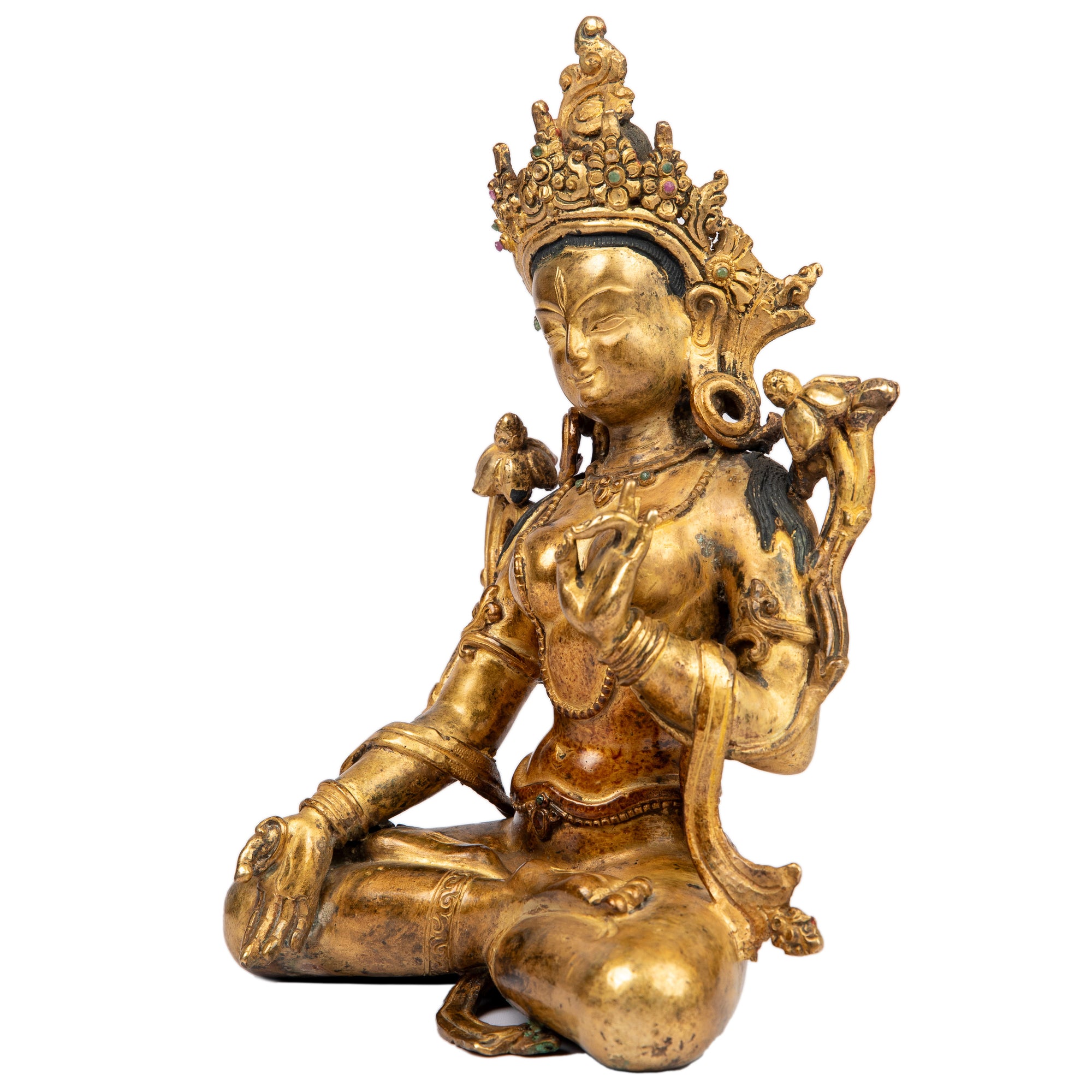 Bronze statue from Nepal in antique medieval style. Tara is one of the most important figures in Buddhism. She is a representation of the female aspect of Avalokiteshvara, the Buddha of Compassion. This statue was part of the exhibition in the Patan Museum: "The Revival of Newari Woodcarving, 2024".