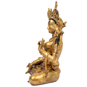 Bronze statue from Nepal in antique medieval style. Tara is one of the most important figures in Buddhism. She is a representation of the female aspect of Avalokiteshvara, the Buddha of Compassion. This statue was part of the exhibition in the Patan Museum: "The Revival of Newari Woodcarving, 2024".