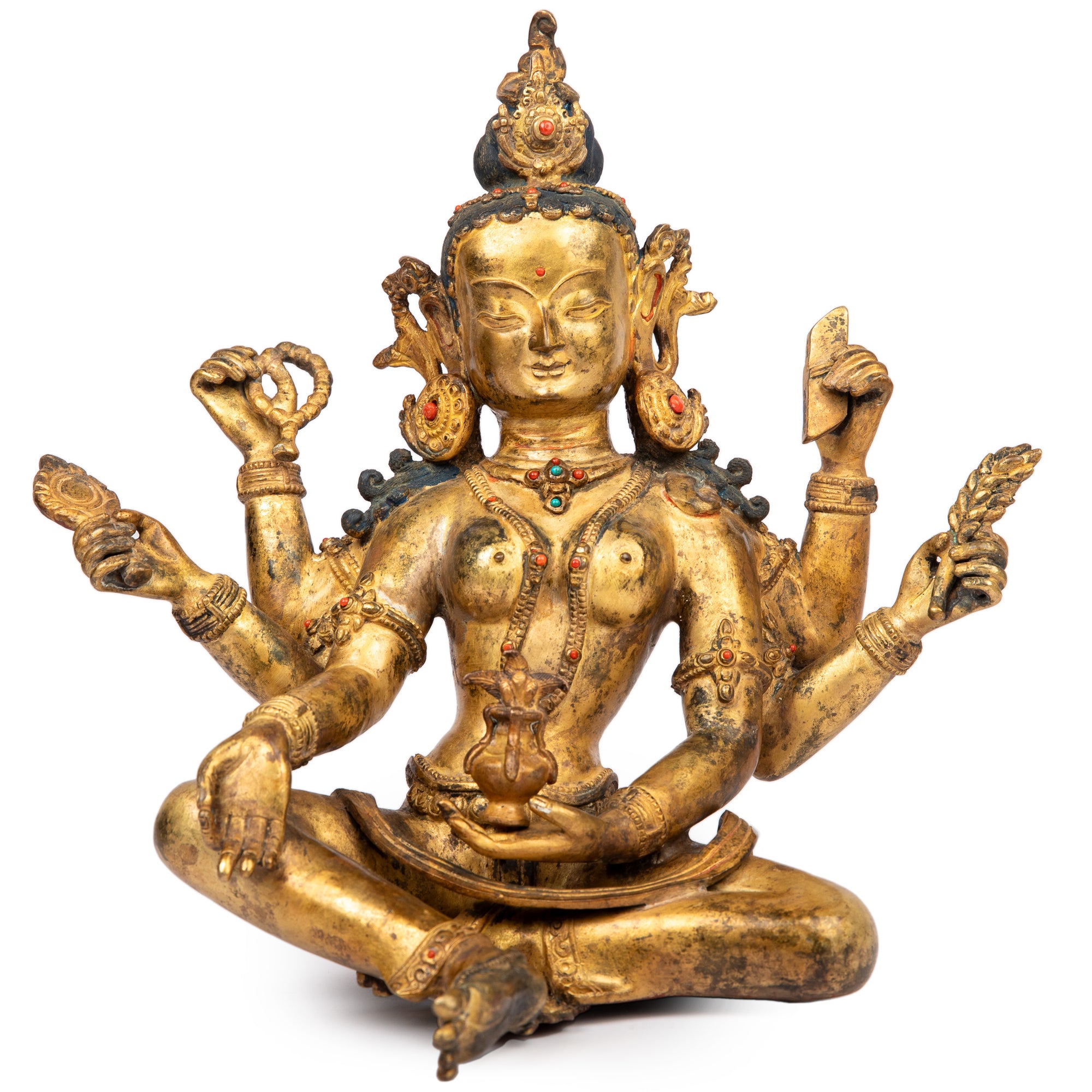 Bronze statue in antique medieval style. Buddhist goddess of prosperity, Basundhara (whose name means “Bearer of Treasure”) is associated with material and spiritual abundance. This statue was part of the exhibition in the Patan Museum: "The Revival of Newari Woodcarving, 2024".