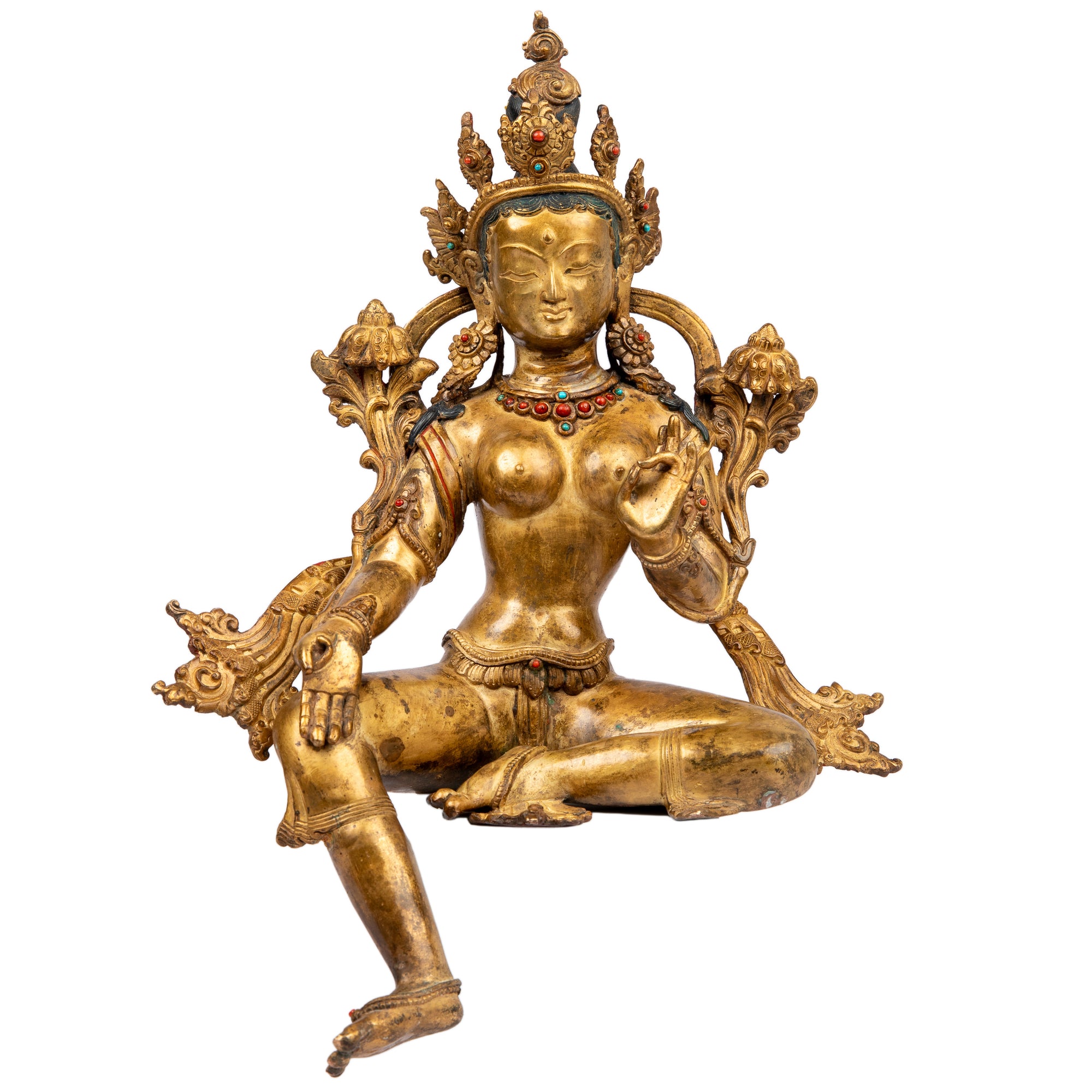 Bronze statue from Nepal in antique medieval style. Tara is one of the most important figures in Buddhism. She is a representation of the female aspect of Avalokiteshvara, the Buddha of Compassion. This statue was part of the exhibition in the Patan Museum: "The Revival of Newari Woodcarving, 2024".