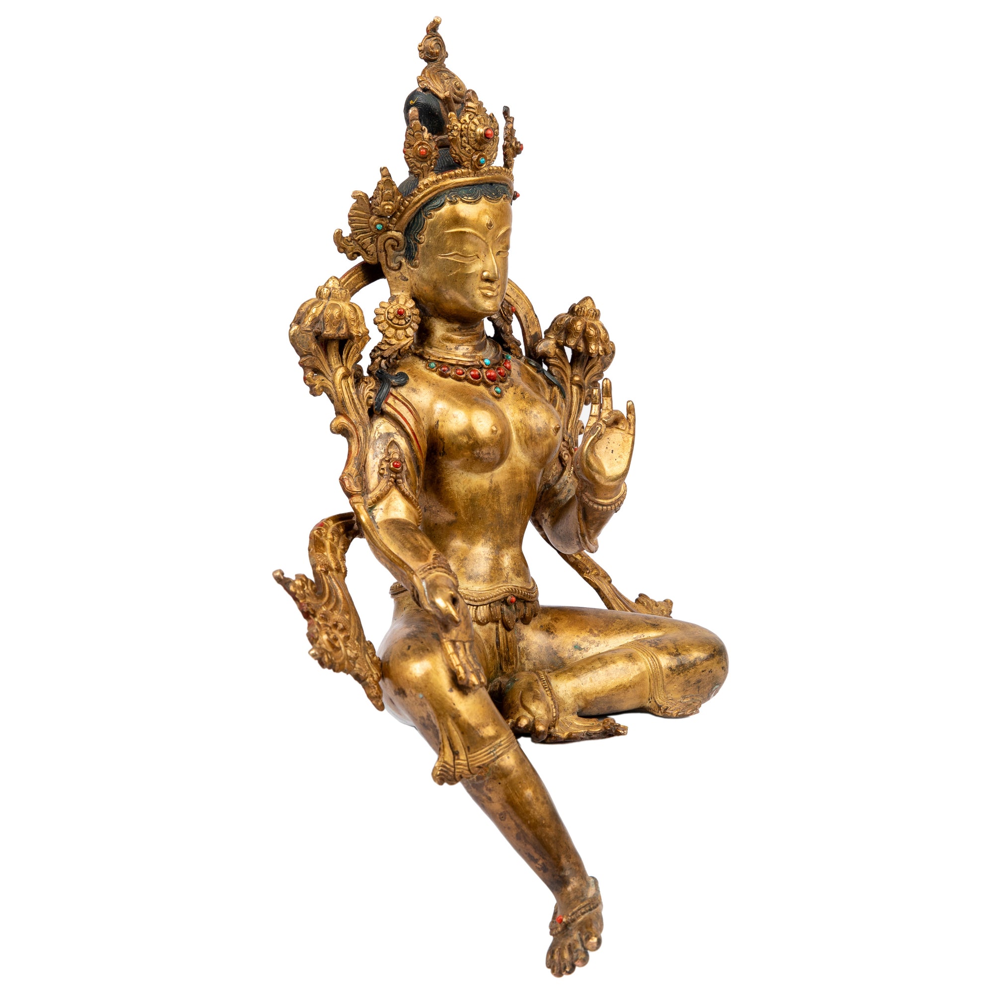 Bronze statue from Nepal in antique medieval style. Tara is one of the most important figures in Buddhism. She is a representation of the female aspect of Avalokiteshvara, the Buddha of Compassion. This statue was part of the exhibition in the Patan Museum: "The Revival of Newari Woodcarving, 2024".