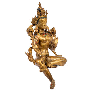 Bronze statue from Nepal in antique medieval style. Tara is one of the most important figures in Buddhism. She is a representation of the female aspect of Avalokiteshvara, the Buddha of Compassion. This statue was part of the exhibition in the Patan Museum: "The Revival of Newari Woodcarving, 2024".