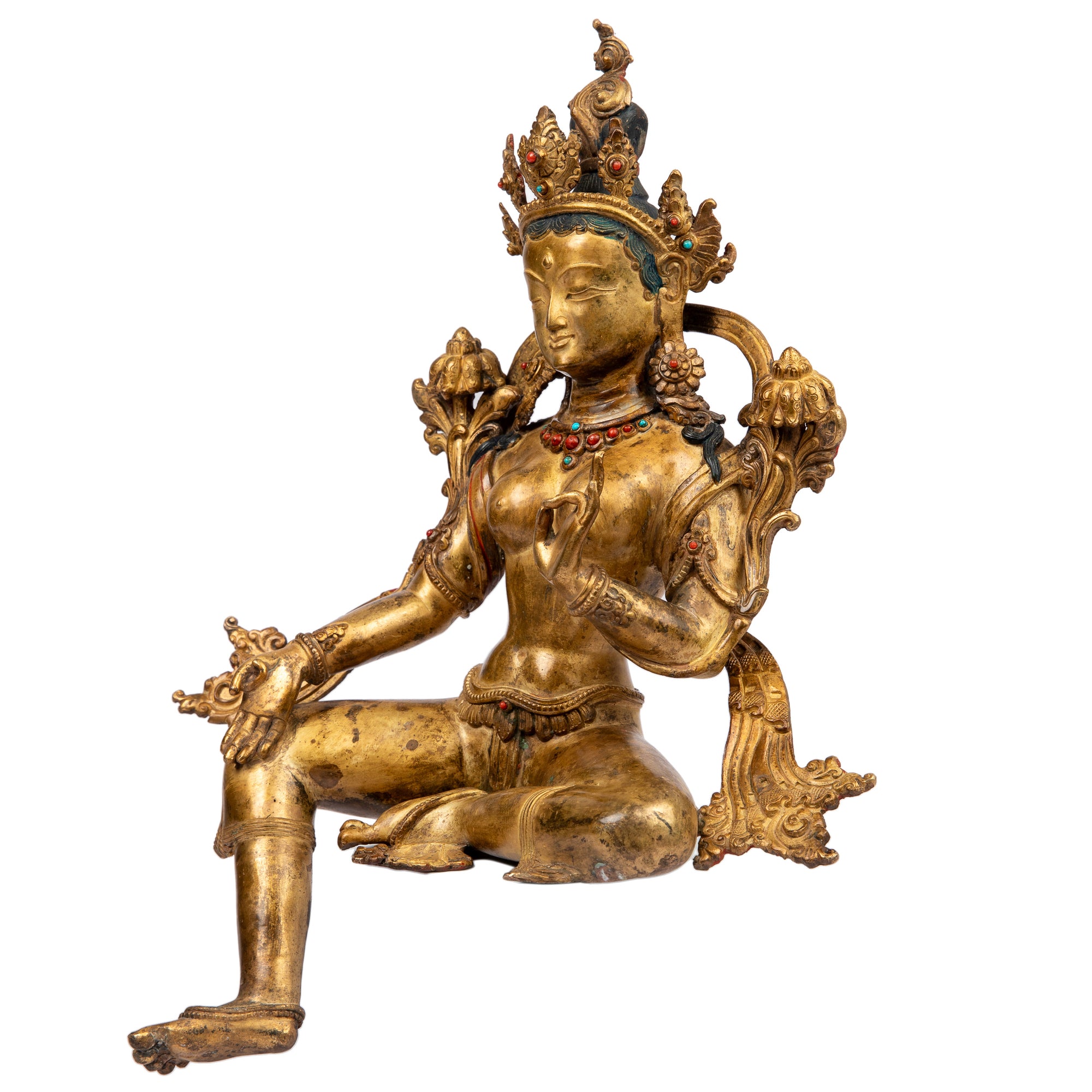 Bronze statue from Nepal in antique medieval style. Tara is one of the most important figures in Buddhism. She is a representation of the female aspect of Avalokiteshvara, the Buddha of Compassion. This statue was part of the exhibition in the Patan Museum: "The Revival of Newari Woodcarving, 2024".