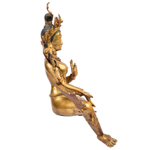Bronze statue from Nepal in antique medieval style. Tara is one of the most important figures in Buddhism. She is a representation of the female aspect of Avalokiteshvara, the Buddha of Compassion. This statue was part of the exhibition in the Patan Museum: "The Revival of Newari Woodcarving, 2024".