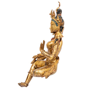 Bronze statue from Nepal in antique medieval style. Tara is one of the most important figures in Buddhism. She is a representation of the female aspect of Avalokiteshvara, the Buddha of Compassion. This statue was part of the exhibition in the Patan Museum: "The Revival of Newari Woodcarving, 2024".