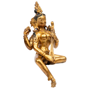 Bronze statue from Nepal in antique medieval style. Worshipped by Hindus as well as Buddhists, Saraswati is the goddess of art, knowledge, learning, wisdom and music.