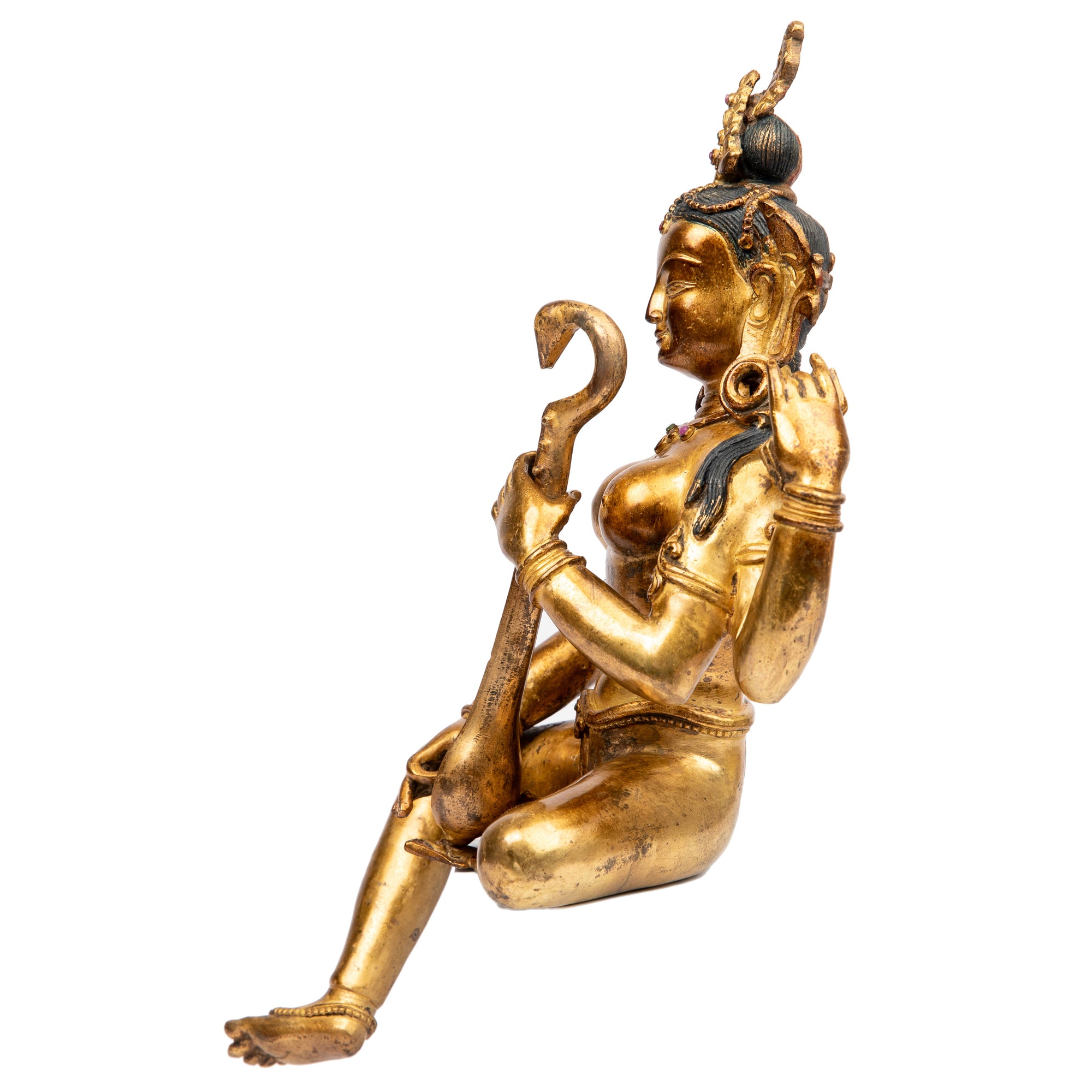 Bronze statue from Nepal in antique medieval style. Worshipped by Hindus as well as Buddhists, Saraswati is the goddess of art, knowledge, learning, wisdom and music.