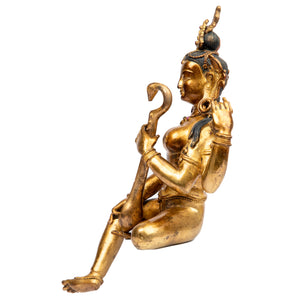 Bronze statue from Nepal in antique medieval style. Worshipped by Hindus as well as Buddhists, Saraswati is the goddess of art, knowledge, learning, wisdom and music.