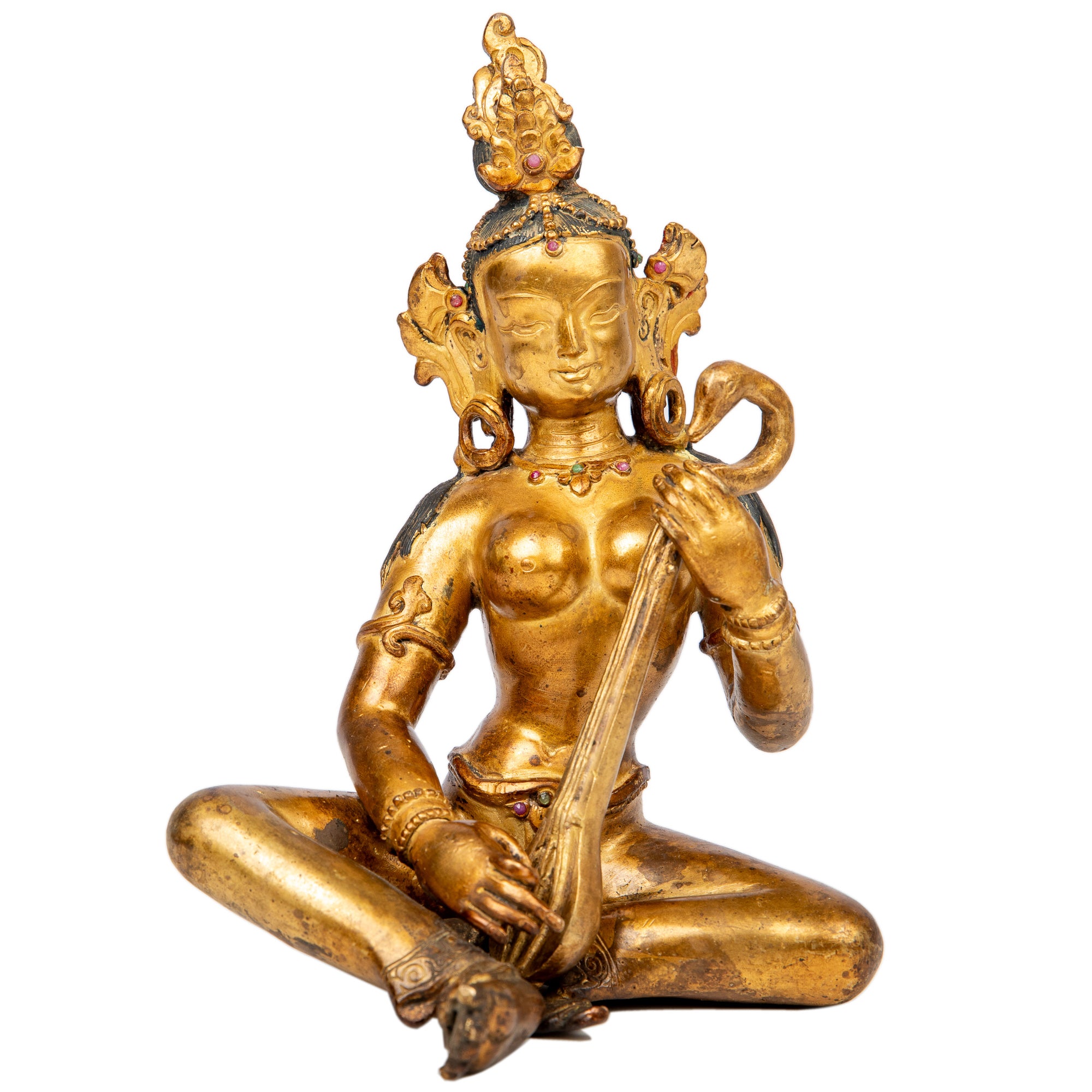 Bronze statue from Nepal in antique medieval style. Worshipped by Hindus as well as Buddhists, Saraswati is the goddess of art, knowledge, learning, wisdom and music.