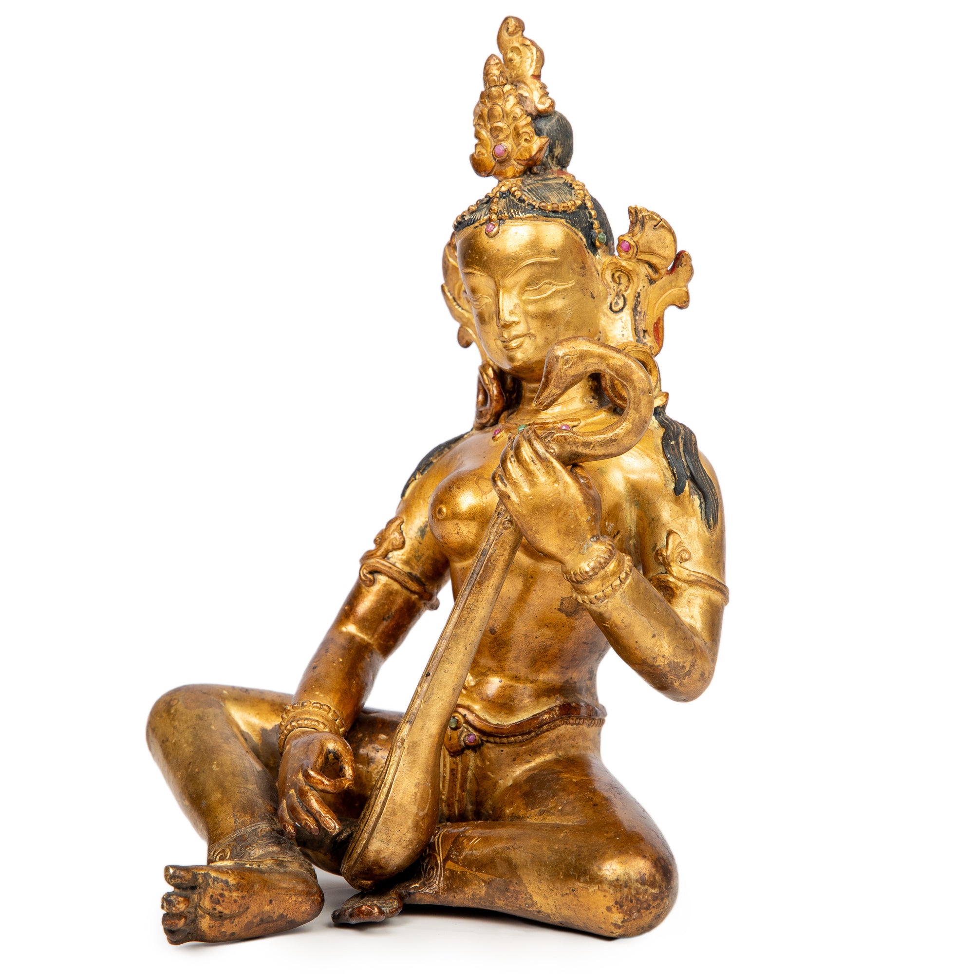 Bronze statue from Nepal in antique medieval style. Worshipped by Hindus as well as Buddhists, Saraswati is the goddess of art, knowledge, learning, wisdom and music.