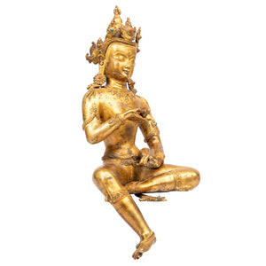 Bronze statue from Nepal, in antique medieval style. Vajradhara (holder of the diamond or thunderbolt) is considered as the primordial Buddha, supreme essence of all the Buddhas. This statue was part of the exhibition in the Patan Museum: "The Revival of Newari Woodcarving, 2024".