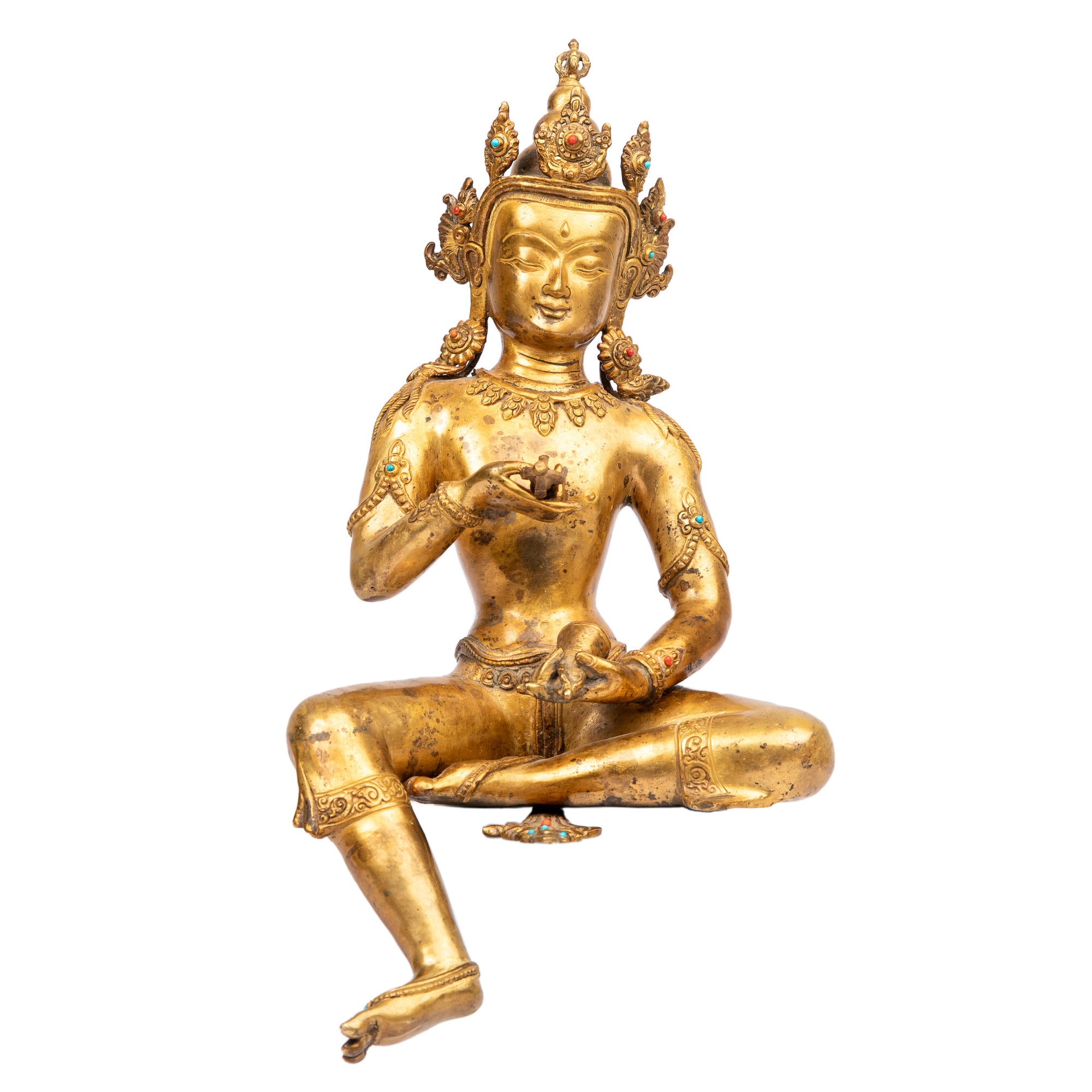 Bronze statue from Nepal, in antique medieval style. Vajradhara (holder of the diamond or thunderbolt) is considered as the primordial Buddha, supreme essence of all the Buddhas. This statue was part of the exhibition in the Patan Museum: "The Revival of Newari Woodcarving, 2024".
