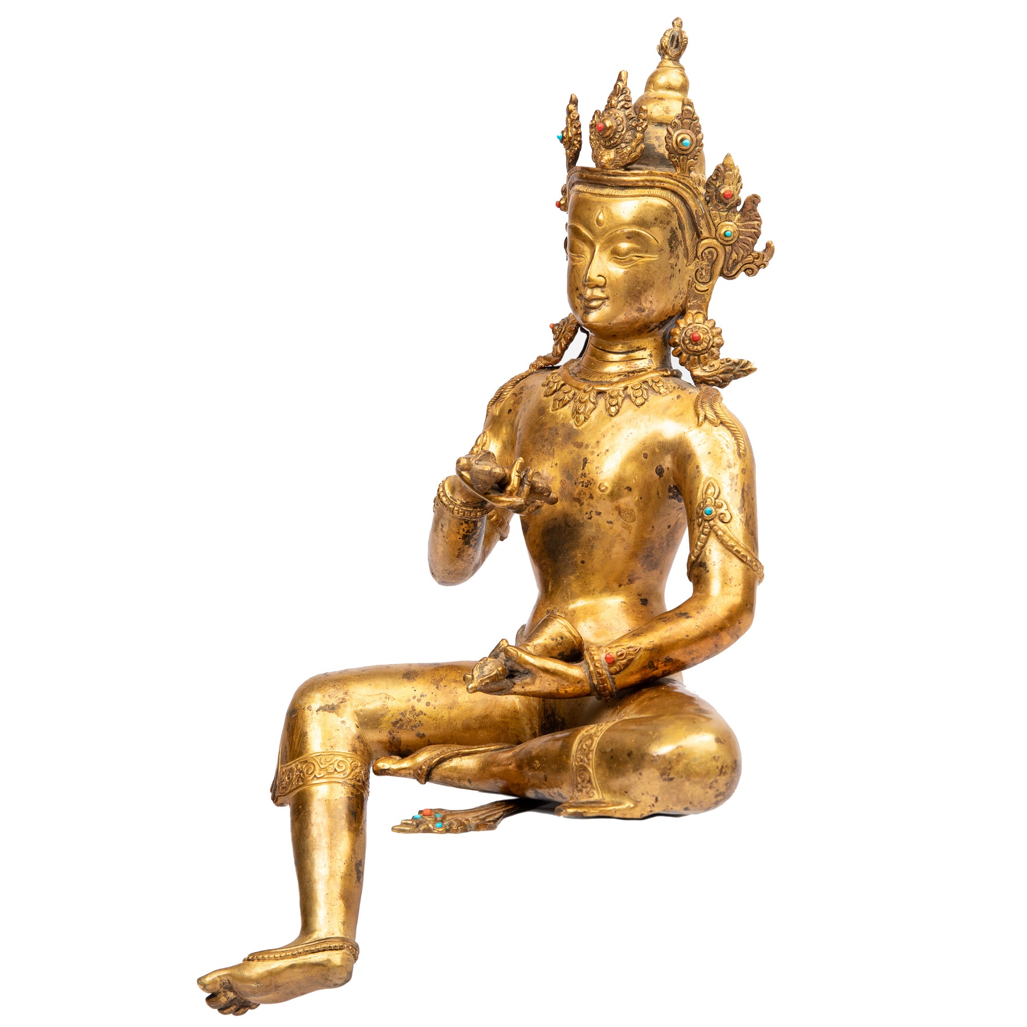 Bronze statue from Nepal, in antique medieval style. Vajradhara (holder of the diamond or thunderbolt) is considered as the primordial Buddha, supreme essence of all the Buddhas. This statue was part of the exhibition in the Patan Museum: "The Revival of Newari Woodcarving, 2024".