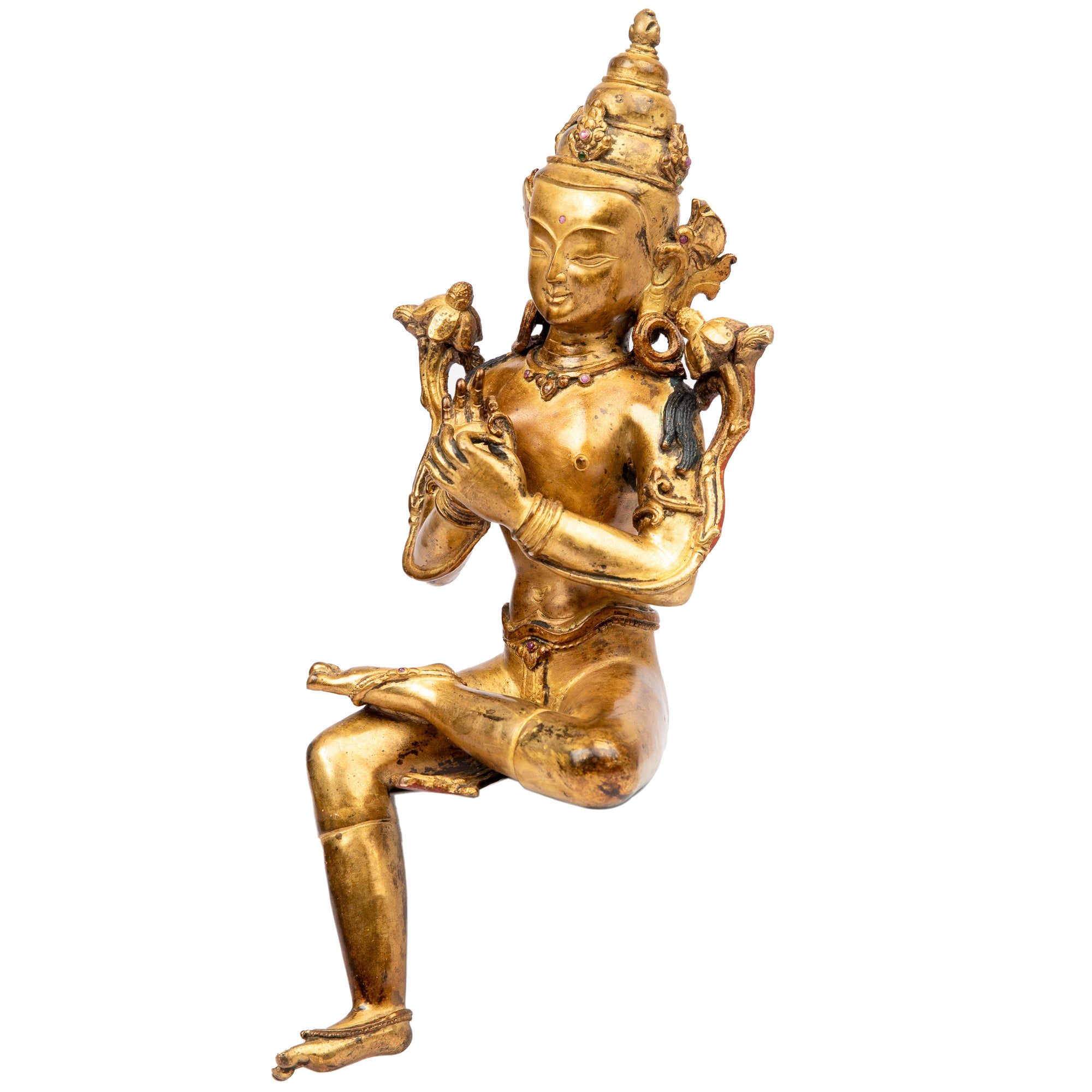 Bodhisattva in antique medieval style. Bronze from Nepal, gilded with 24 karat of gold and embellished with gem stones.