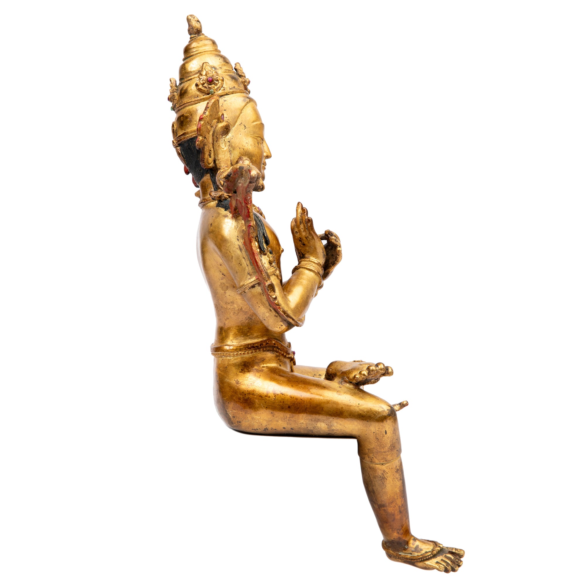 Bodhisattva in antique medieval style. Bronze from Nepal, gilded with 24 karat of gold and embellished with gem stones.