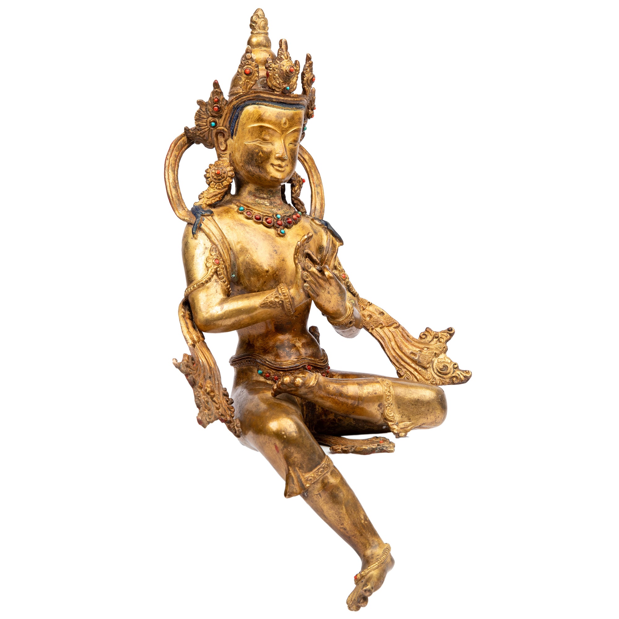 Bodhisattva in antique medieval style. Bronze from Nepal, gilded with 24 karat of gold and embellished with gem stones.