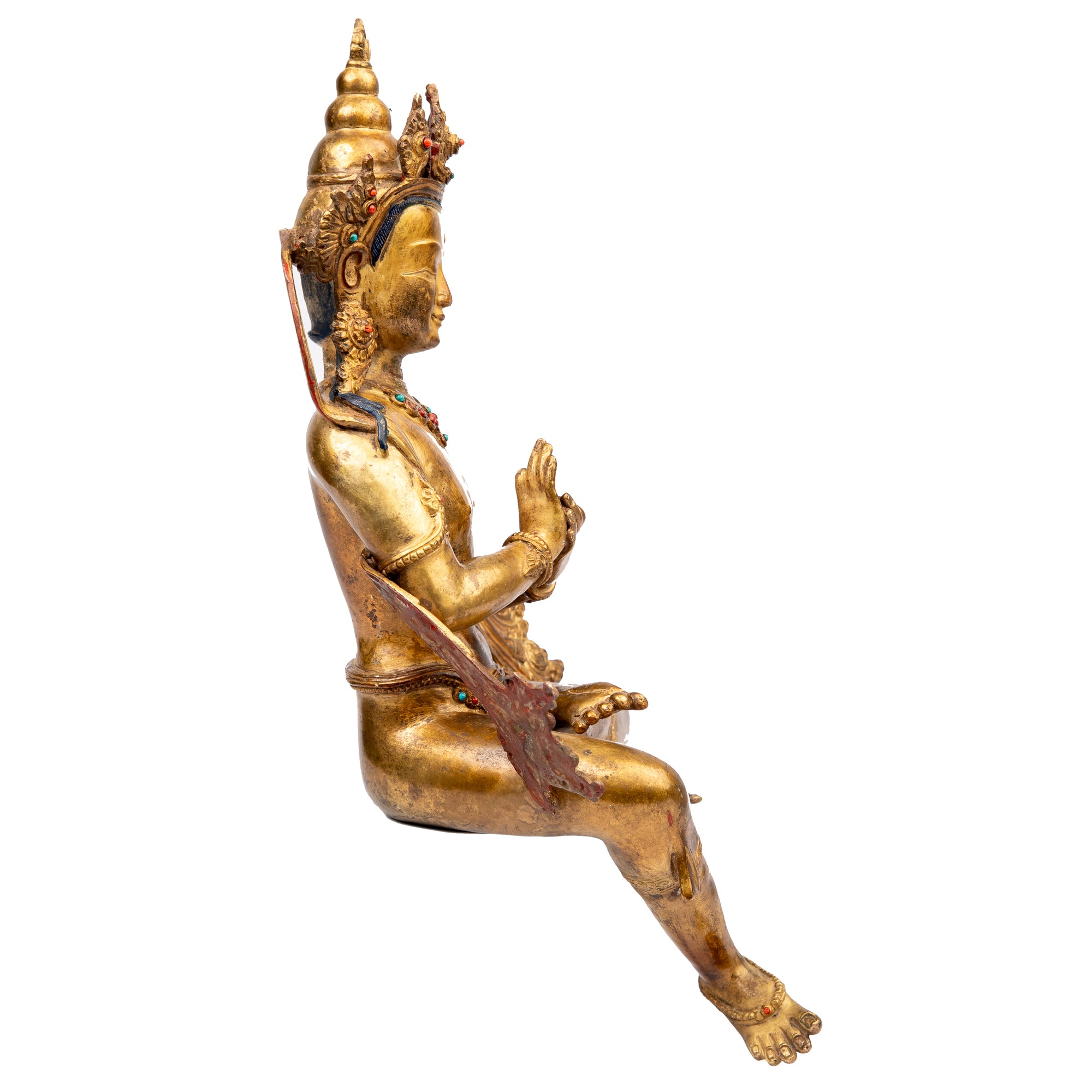 Bodhisattva in antique medieval style. Bronze from Nepal, gilded with 24 karat of gold and embellished with gem stones.