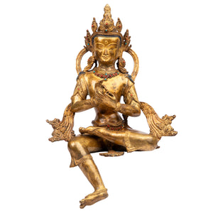 Bodhisattva in antique medieval style. Bronze from Nepal, gilded with 24 karat of gold and embellished with gem stones.