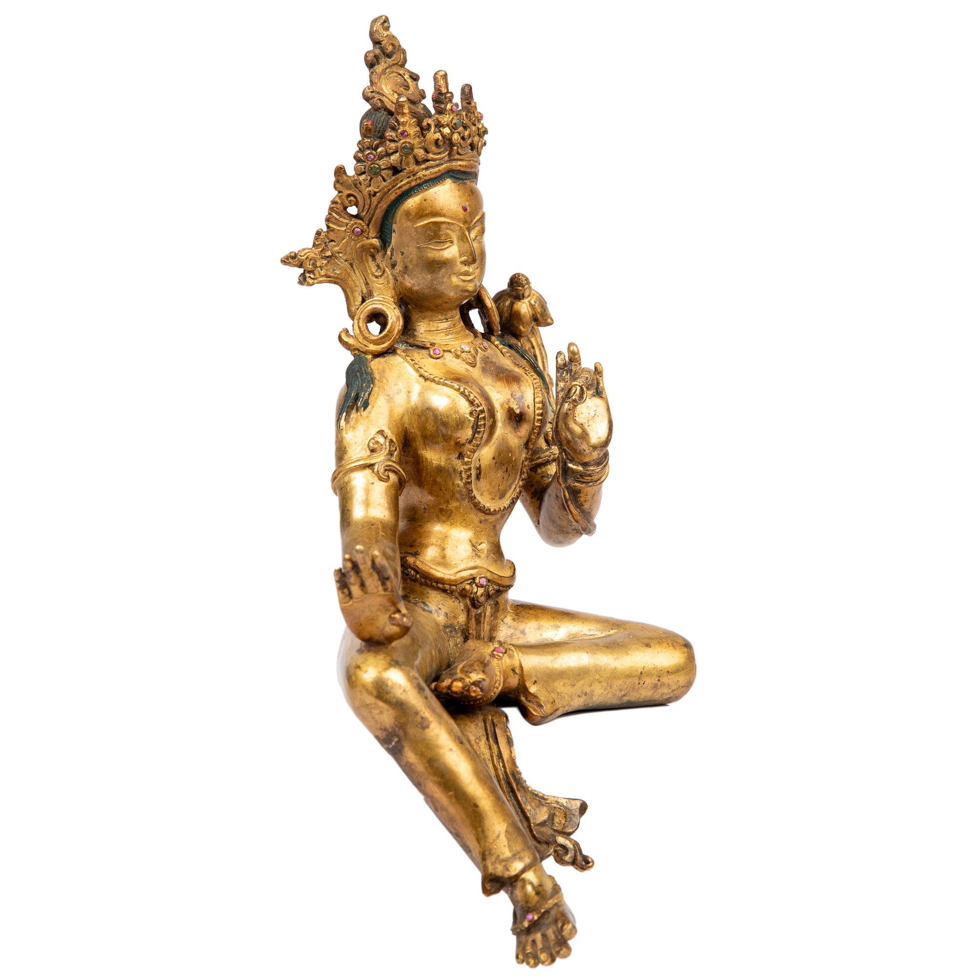 Bronze statue from Nepal in antique medieval style. Tara is one of the most important figures in Buddhism. She is a representation of the female aspect of Avalokiteshvara, the Buddha of Compassion. This statue was part of the exhibition in the Patan Museum: "The Revival of Newari Woodcarving, 2024".