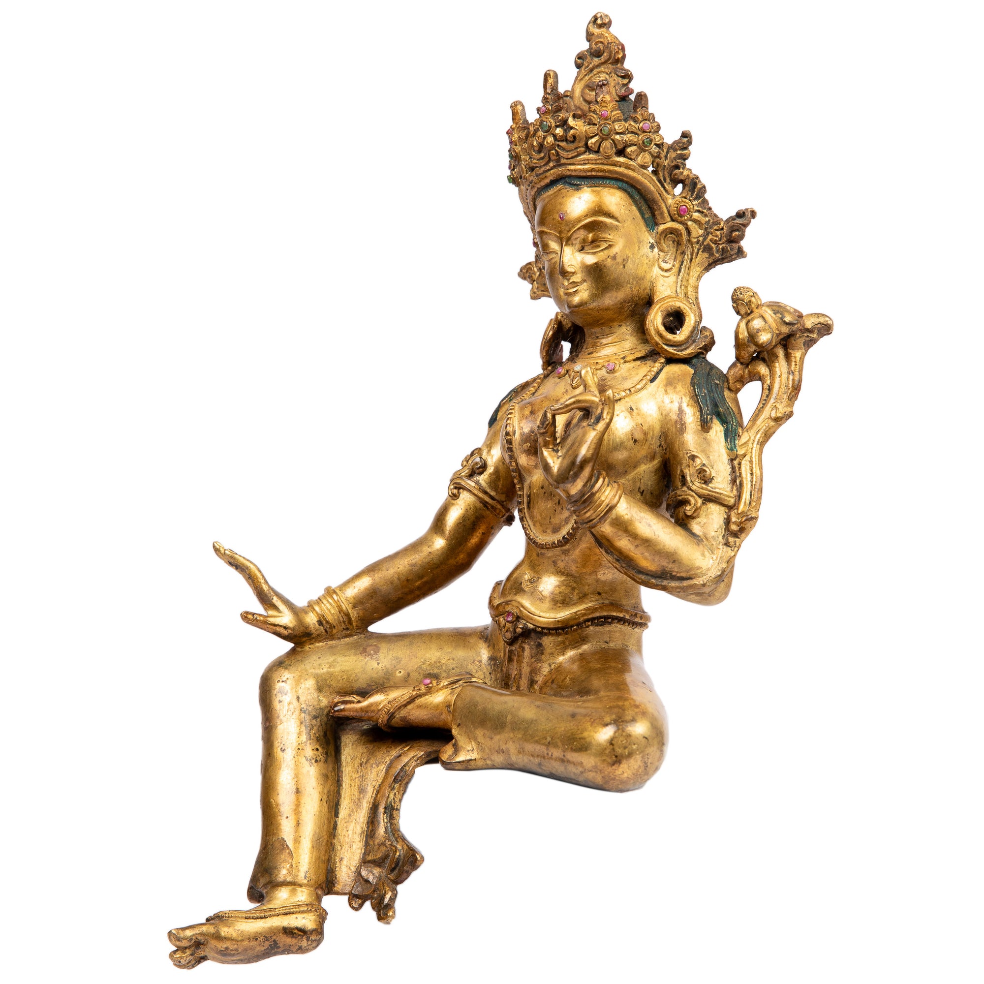 Bronze statue from Nepal in antique medieval style. Tara is one of the most important figures in Buddhism. She is a representation of the female aspect of Avalokiteshvara, the Buddha of Compassion. This statue was part of the exhibition in the Patan Museum: "The Revival of Newari Woodcarving, 2024".