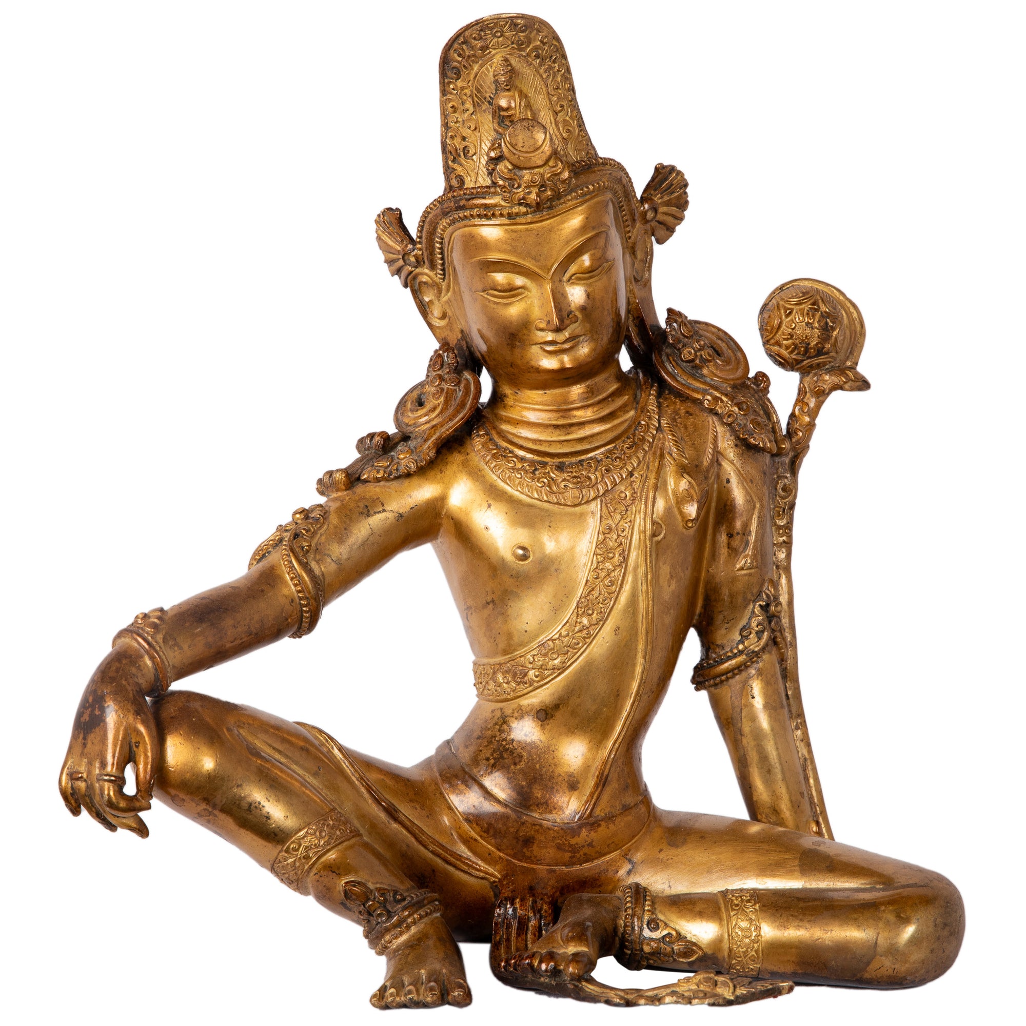 Bronze statue from Nepal, in antique medieval style. Lokeshwor is a manifestation of Avalokiteshvara, the Bodhisattva a of Compassion. This statue was part of the exhibition in Patan Museum: "The Revival of Newari Woodcarving, 2024."