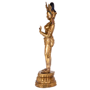 Bronze statue from Nepal in antique medieval style. Tara is one of the most important figures in Buddhism. She is a representation of the female aspect of Avalokiteshvara, the Buddha of Compassion. This statue was part of the exhibition in the Patan Museum: "The Revival of Newari Woodcarving, 2024".