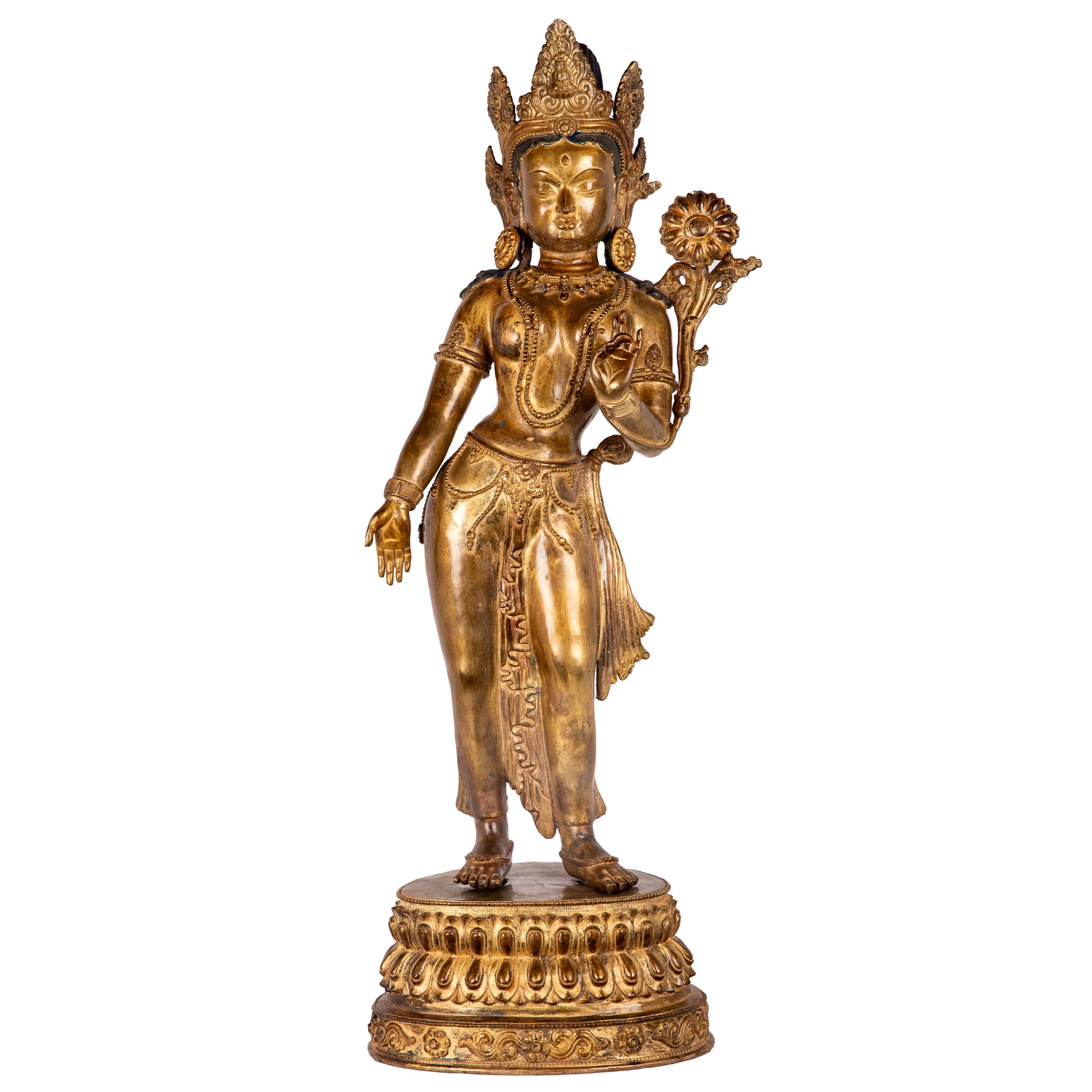 Bronze statue from Nepal in antique medieval style. Tara is one of the most important figures in Buddhism. She is a representation of the female aspect of Avalokiteshvara, the Buddha of Compassion. This statue was part of the exhibition in the Patan Museum: "The Revival of Newari Woodcarving, 2024".