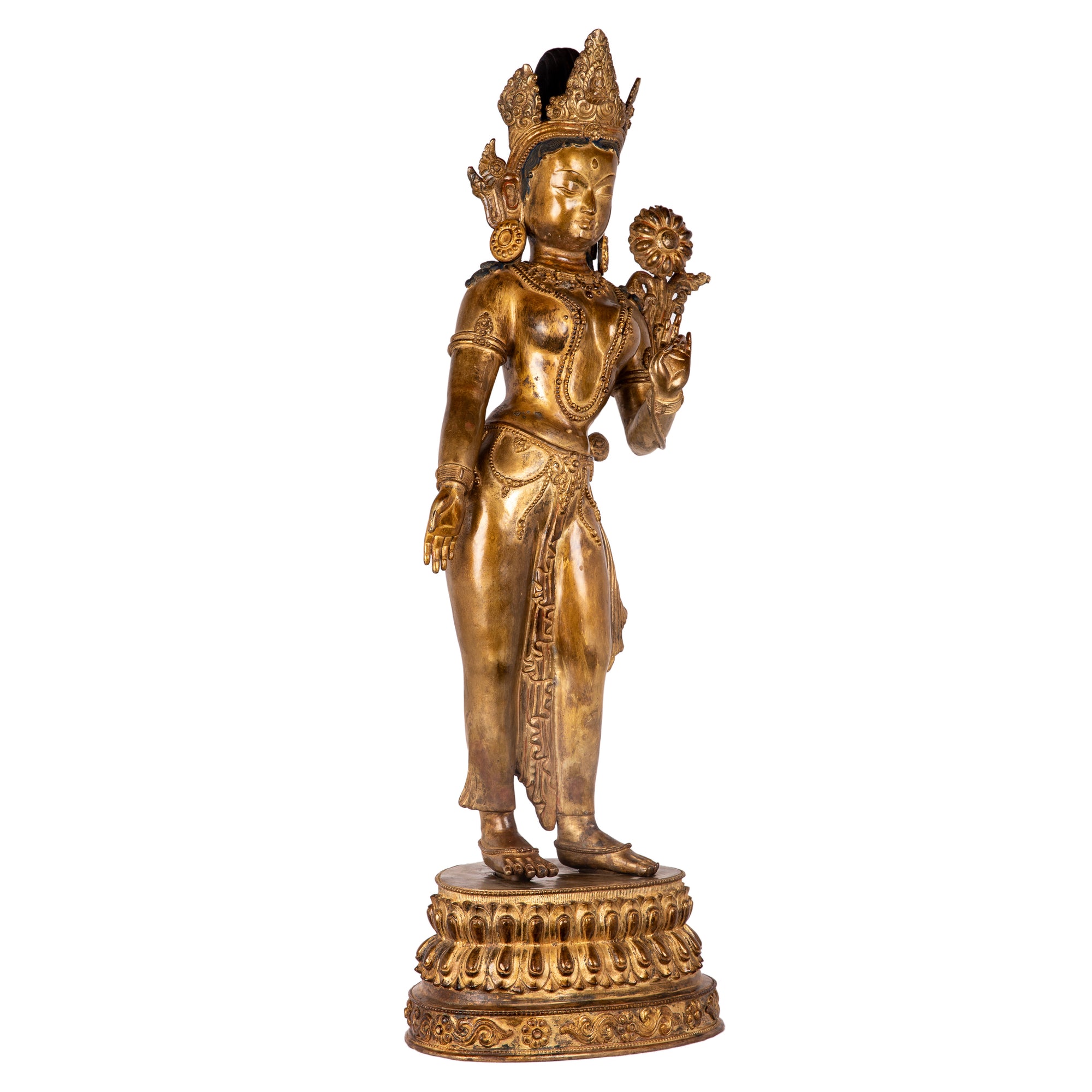 Bronze statue from Nepal in antique medieval style. Tara is one of the most important figures in Buddhism. She is a representation of the female aspect of Avalokiteshvara, the Buddha of Compassion. This statue was part of the exhibition in the Patan Museum: "The Revival of Newari Woodcarving, 2024".