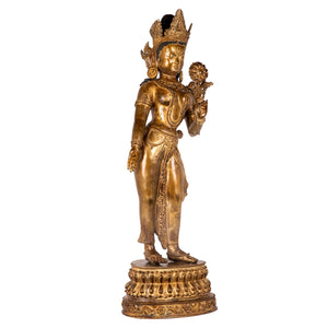 Bronze statue from Nepal in antique medieval style. Tara is one of the most important figures in Buddhism. She is a representation of the female aspect of Avalokiteshvara, the Buddha of Compassion. This statue was part of the exhibition in the Patan Museum: "The Revival of Newari Woodcarving, 2024".
