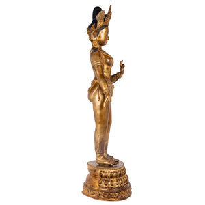 Bronze statue from Nepal in antique medieval style. Tara is one of the most important figures in Buddhism. She is a representation of the female aspect of Avalokiteshvara, the Buddha of Compassion. This statue was part of the exhibition in the Patan Museum: "The Revival of Newari Woodcarving, 2024".