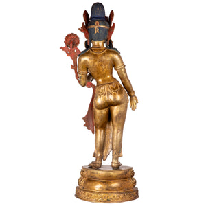 Bronze statue from Nepal in antique medieval style. Tara is one of the most important figures in Buddhism. She is a representation of the female aspect of Avalokiteshvara, the Buddha of Compassion. This statue was part of the exhibition in the Patan Museum: "The Revival of Newari Woodcarving, 2024".