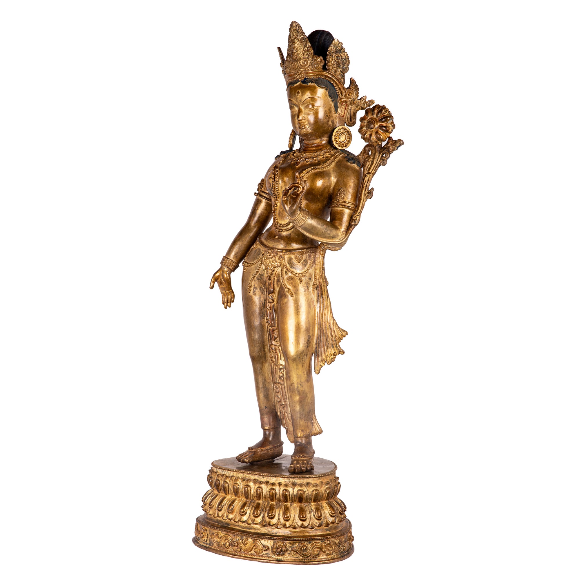 Bronze statue from Nepal in antique medieval style. Tara is one of the most important figures in Buddhism. She is a representation of the female aspect of Avalokiteshvara, the Buddha of Compassion. This statue was part of the exhibition in the Patan Museum: "The Revival of Newari Woodcarving, 2024".