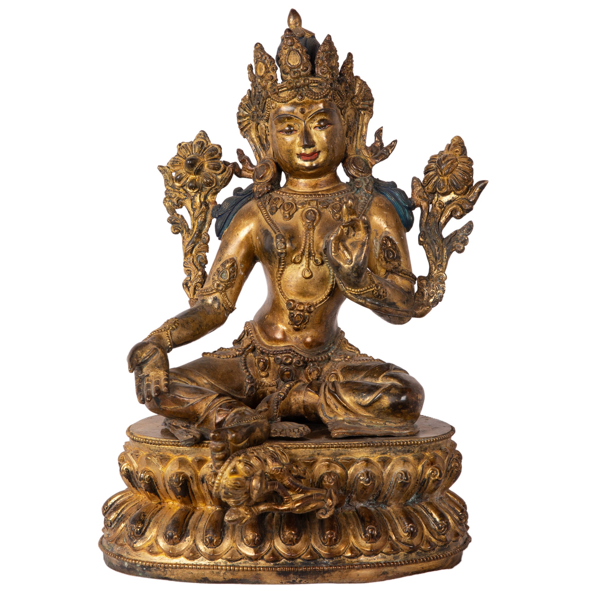 Bronze statue from Nepal in antique medieval style. Tara is one of the most important figures in Buddhism. She is a representation of the female aspect of Avalokiteshvara, the Buddha of Compassion. This statue was part of the exhibition in the Patan Museum: "The Revival of Newari Woodcarving, 2024".