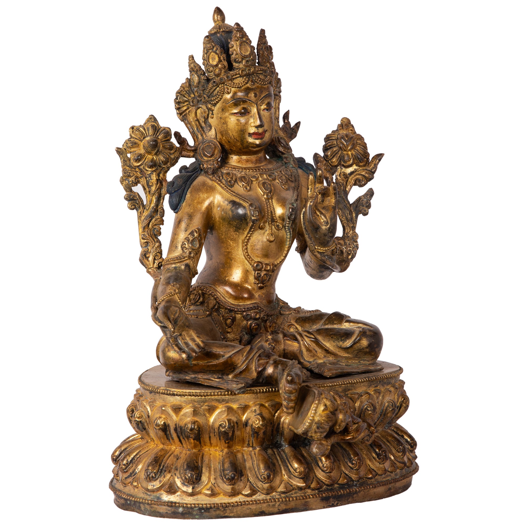 Bronze statue from Nepal in antique medieval style. Tara is one of the most important figures in Buddhism. She is a representation of the female aspect of Avalokiteshvara, the Buddha of Compassion. This statue was part of the exhibition in the Patan Museum: "The Revival of Newari Woodcarving, 2024".