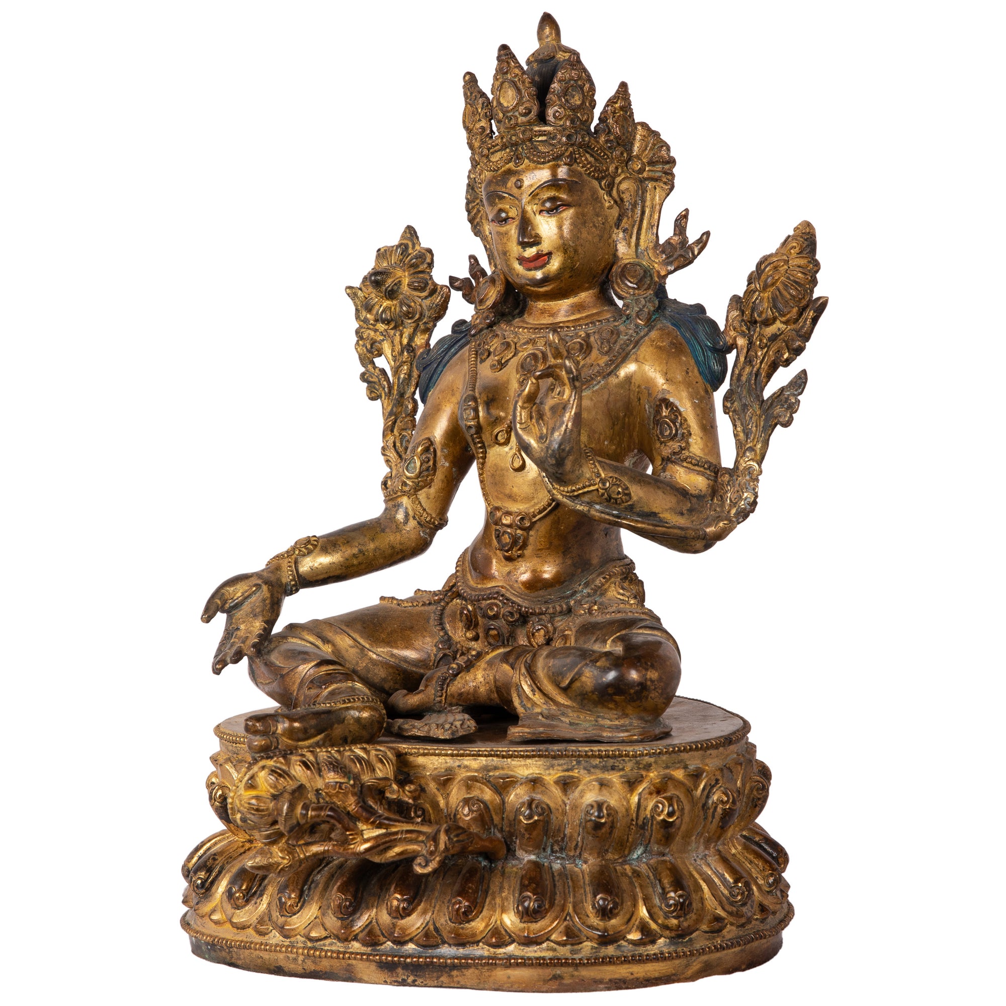 Bronze statue from Nepal in antique medieval style. Tara is one of the most important figures in Buddhism. She is a representation of the female aspect of Avalokiteshvara, the Buddha of Compassion. This statue was part of the exhibition in the Patan Museum: "The Revival of Newari Woodcarving, 2024".