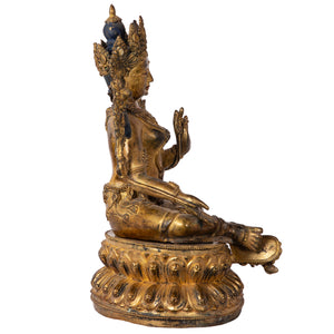 Bronze statue from Nepal in antique medieval style. Tara is one of the most important figures in Buddhism. She is a representation of the female aspect of Avalokiteshvara, the Buddha of Compassion. This statue was part of the exhibition in the Patan Museum: "The Revival of Newari Woodcarving, 2024".