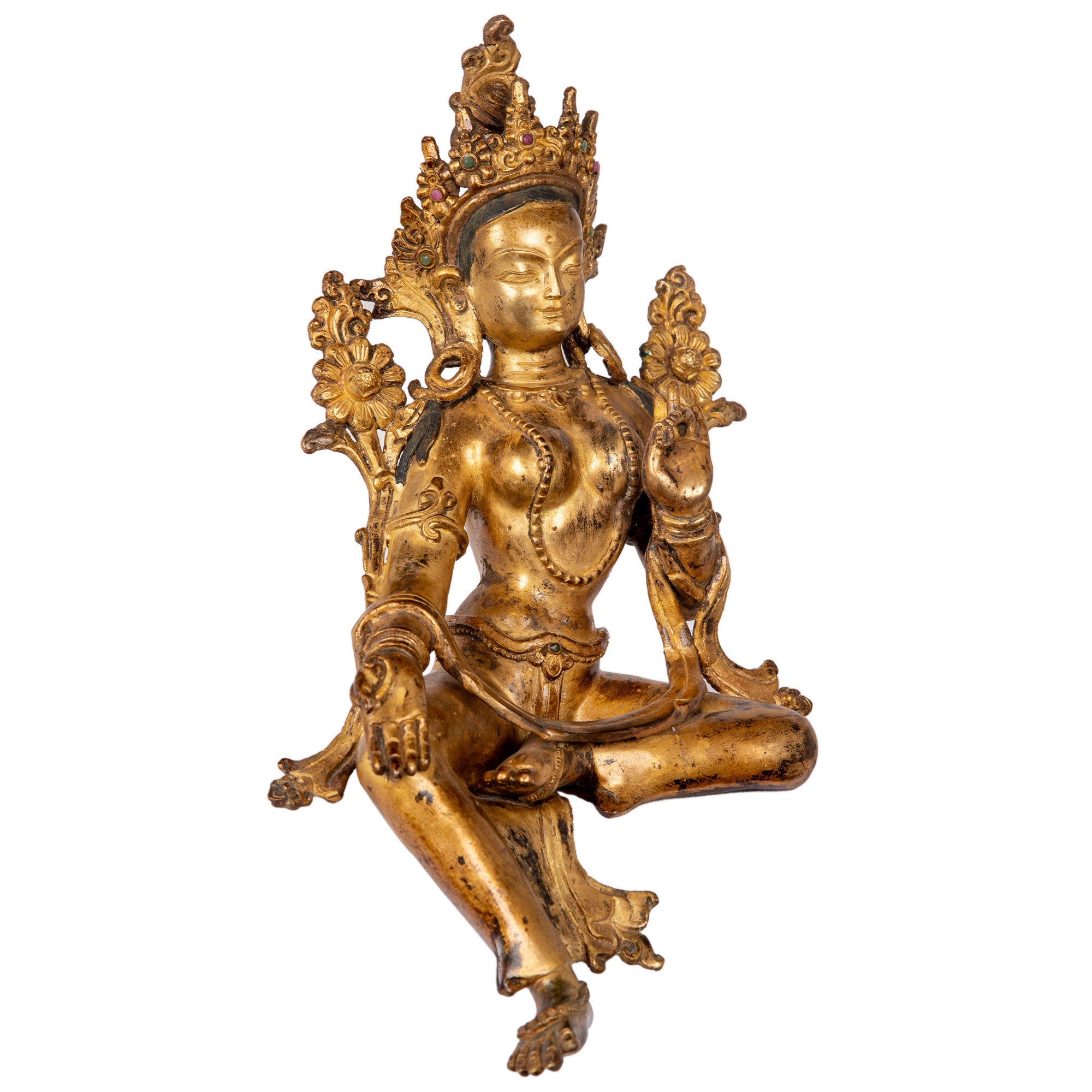 Bronze statue from Nepal in antique medieval style. Tara is one of the most important figures in Buddhism. She is a representation of the female aspect of Avalokiteshvara, the Buddha of Compassion. This statue was part of the exhibition in the Patan Museum: "The Revival of Newari Woodcarving, 2024".