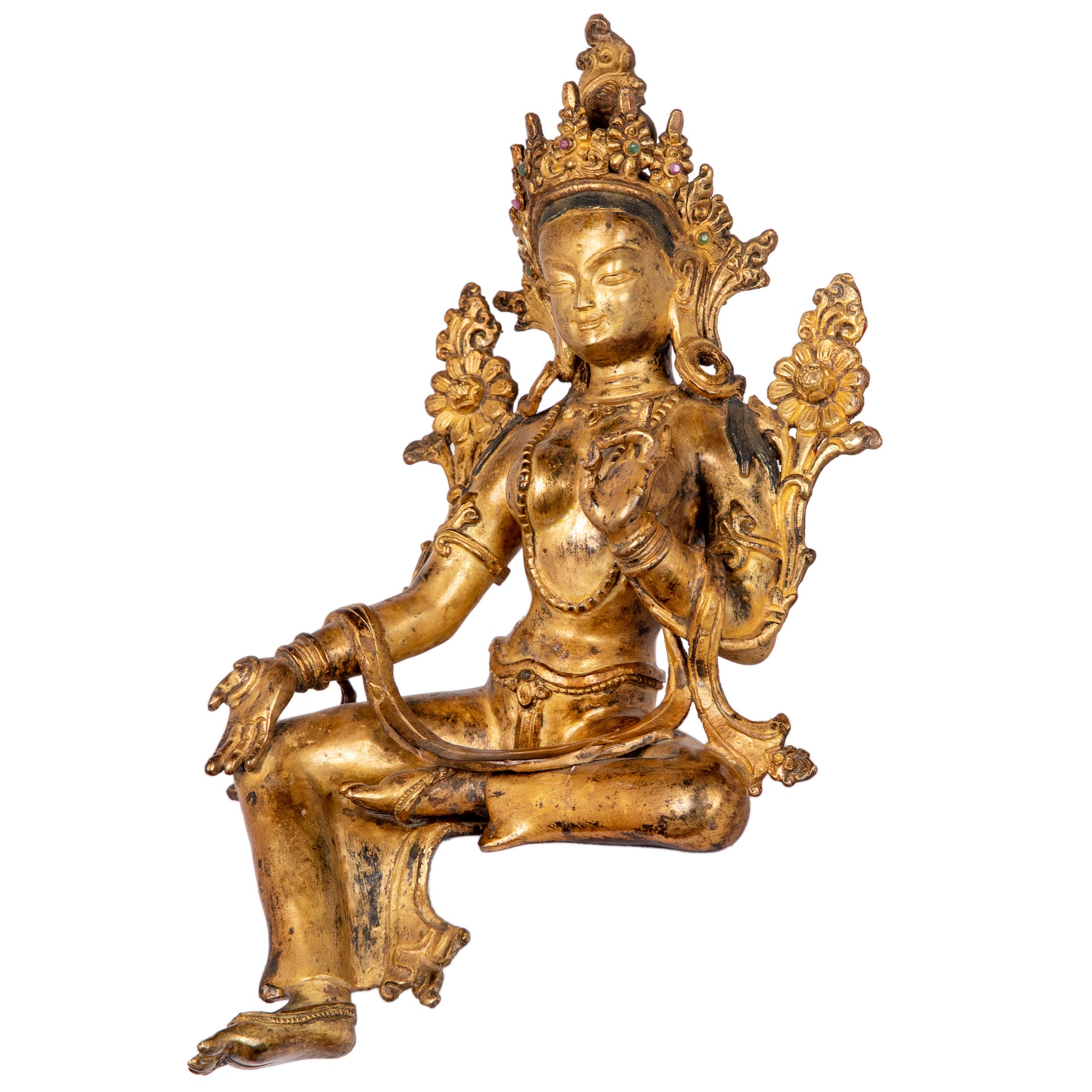 Bronze statue from Nepal in antique medieval style. Tara is one of the most important figures in Buddhism. She is a representation of the female aspect of Avalokiteshvara, the Buddha of Compassion. This statue was part of the exhibition in the Patan Museum: "The Revival of Newari Woodcarving, 2024".