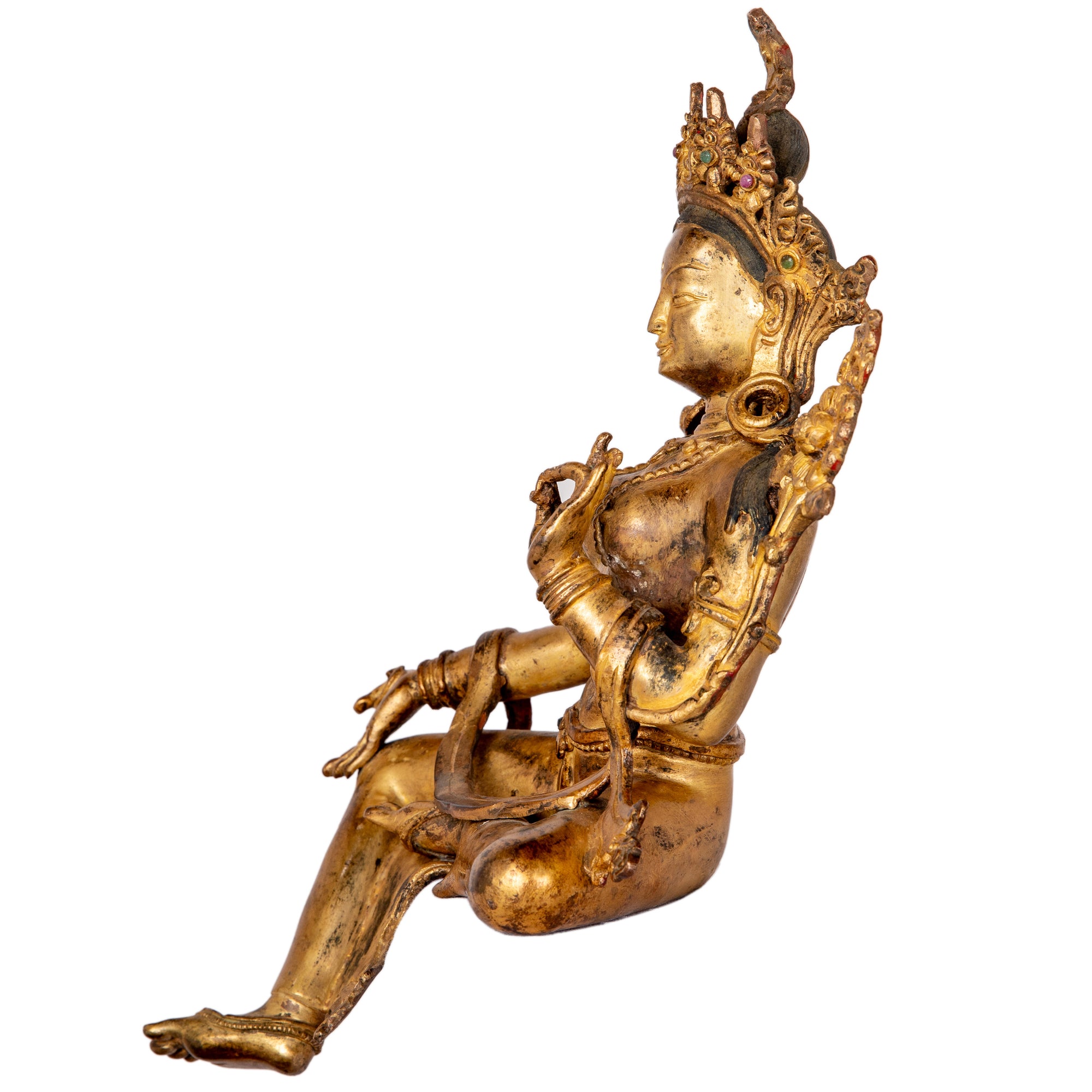 Bronze statue from Nepal in antique medieval style. Tara is one of the most important figures in Buddhism. She is a representation of the female aspect of Avalokiteshvara, the Buddha of Compassion. This statue was part of the exhibition in the Patan Museum: "The Revival of Newari Woodcarving, 2024".