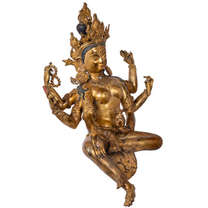 Bronze statue in antique medieval style. Buddhist goddess of prosperity, Basundhara (whose name means “Bearer of Treasure”) is associated with material and spiritual abundance. This statue was part of the exhibition in the Patan Museum: "The Revival of Newari Woodcarving, 2024".