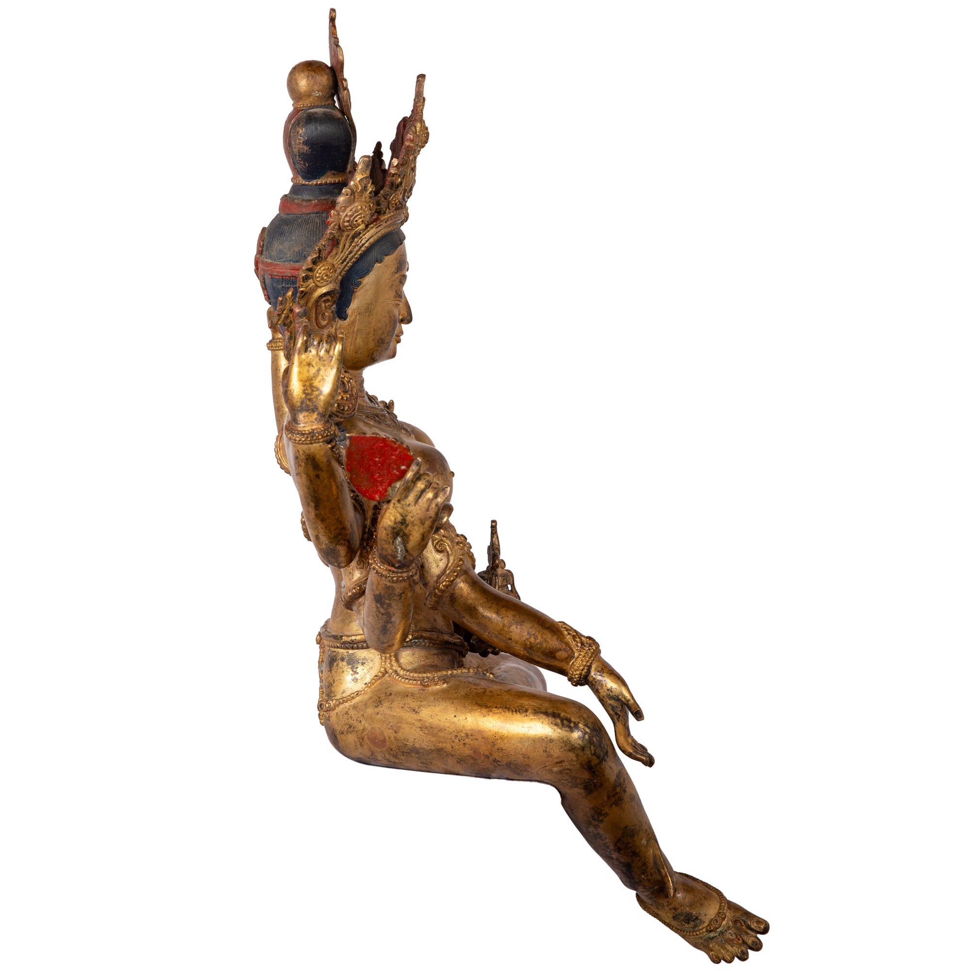 Bronze statue in antique medieval style. Buddhist goddess of prosperity, Basundhara (whose name means “Bearer of Treasure”) is associated with material and spiritual abundance. This statue was part of the exhibition in the Patan Museum: "The Revival of Newari Woodcarving, 2024".