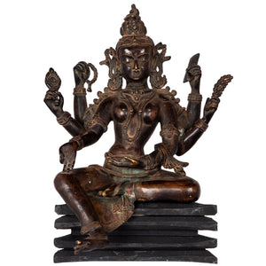 Bronze statue in antique medieval style. Buddhist goddess of prosperity, Basundhara (whose name means “Bearer of Treasure”) is associated with material and spiritual abundance. This statue was part of the exhibition in the Patan Museum: "The Revival of Newari Woodcarving, 2024".