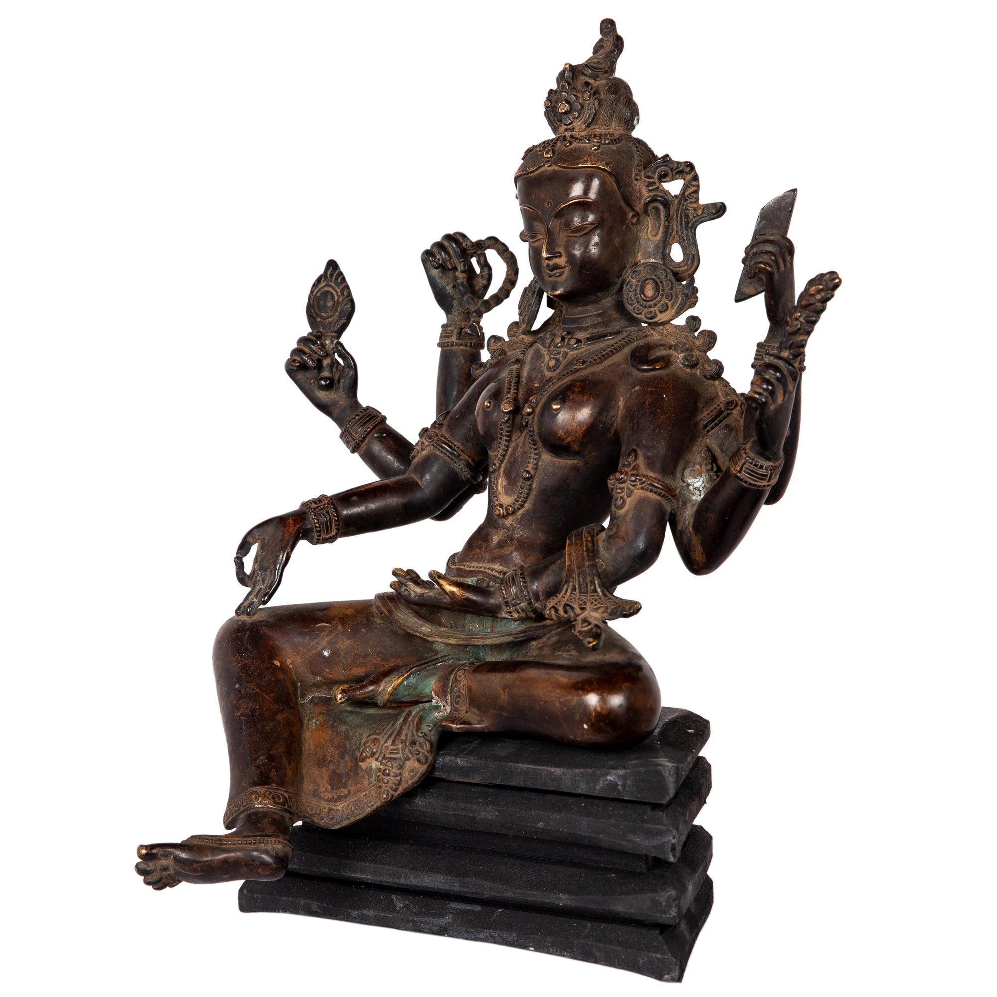 Bronze statue in antique medieval style. Buddhist goddess of prosperity, Basundhara (whose name means “Bearer of Treasure”) is associated with material and spiritual abundance. This statue was part of the exhibition in the Patan Museum: "The Revival of Newari Woodcarving, 2024".