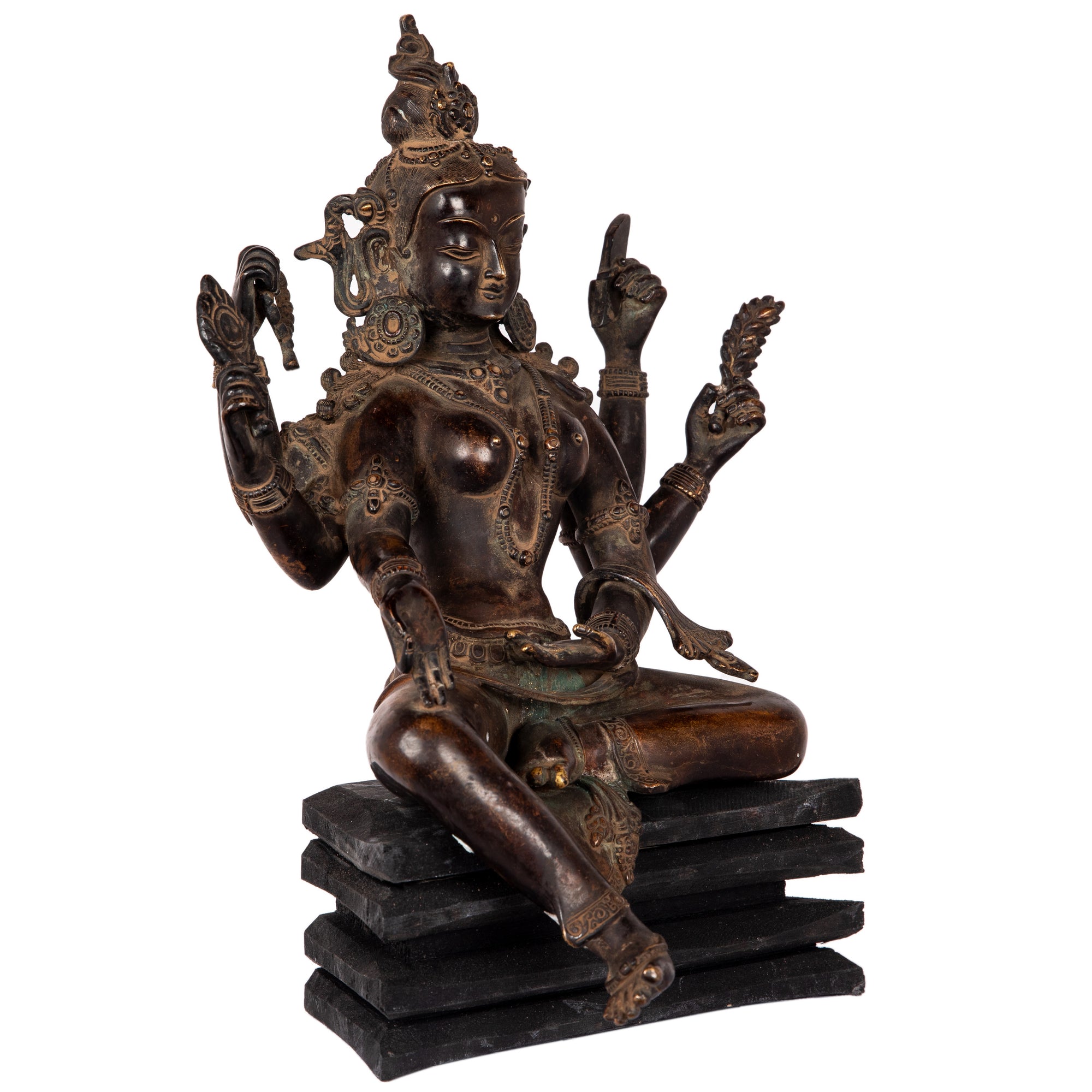 Bronze statue in antique medieval style. Buddhist goddess of prosperity, Basundhara (whose name means “Bearer of Treasure”) is associated with material and spiritual abundance. This statue was part of the exhibition in the Patan Museum: "The Revival of Newari Woodcarving, 2024".