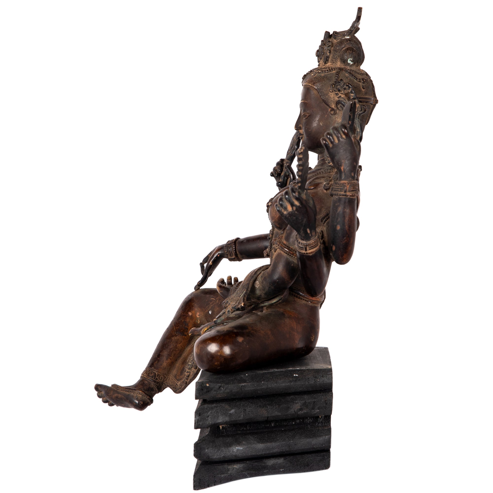 Bronze statue in antique medieval style. Buddhist goddess of prosperity, Basundhara (whose name means “Bearer of Treasure”) is associated with material and spiritual abundance. This statue was part of the exhibition in the Patan Museum: "The Revival of Newari Woodcarving, 2024".